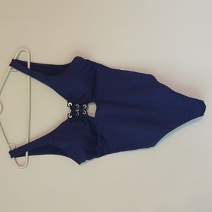 Cremieux Grommet Lace Up One-Piece Swimsuit L Navy Blue